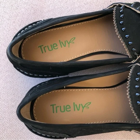 True Ivy Leather Black Ally Nubuck Studds Details Penny Slip On Loafer 8M - Picture 5 of 15